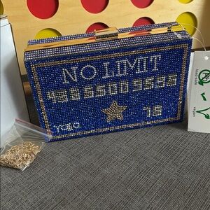 NO LIMIT Credit Card Blue Rhinestone Purse Crossbody Clutch NWT